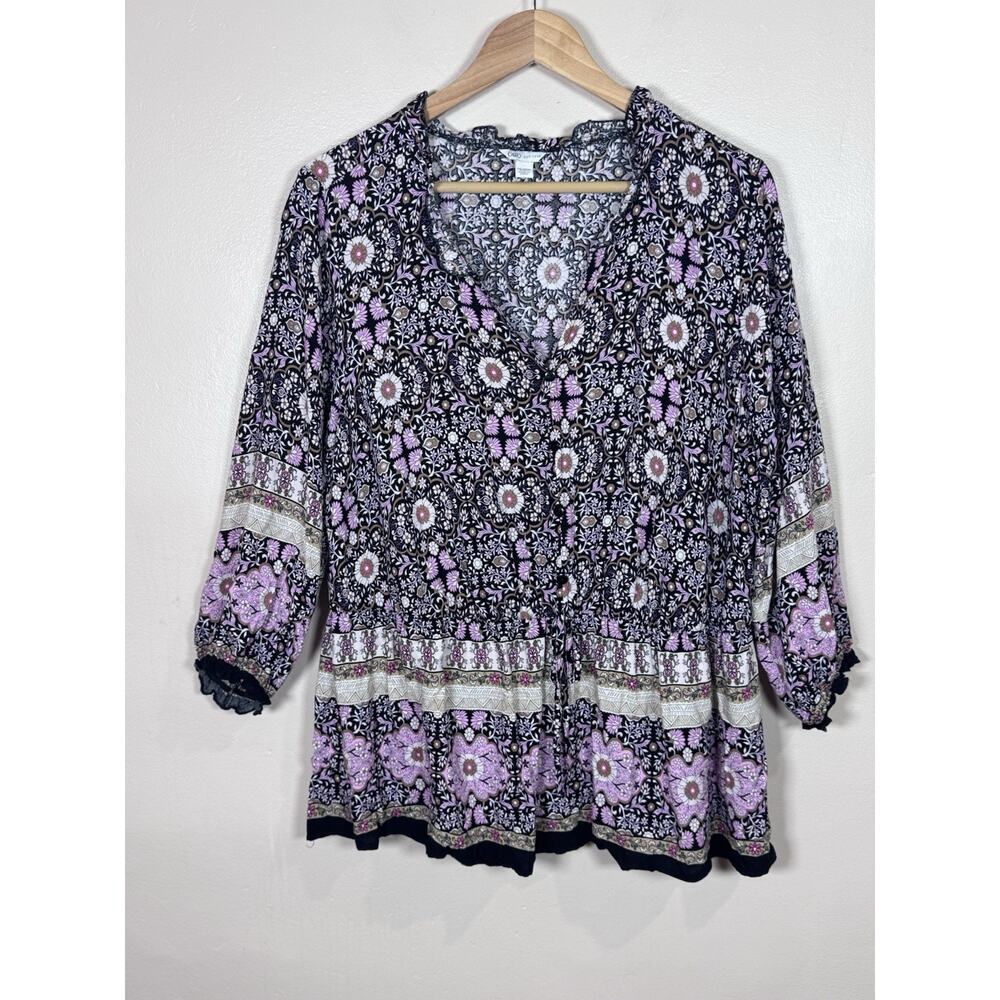 Cato Womens Plus Size Peasant Blouse Top Pink Floral Boho Tie Waist 18/20W